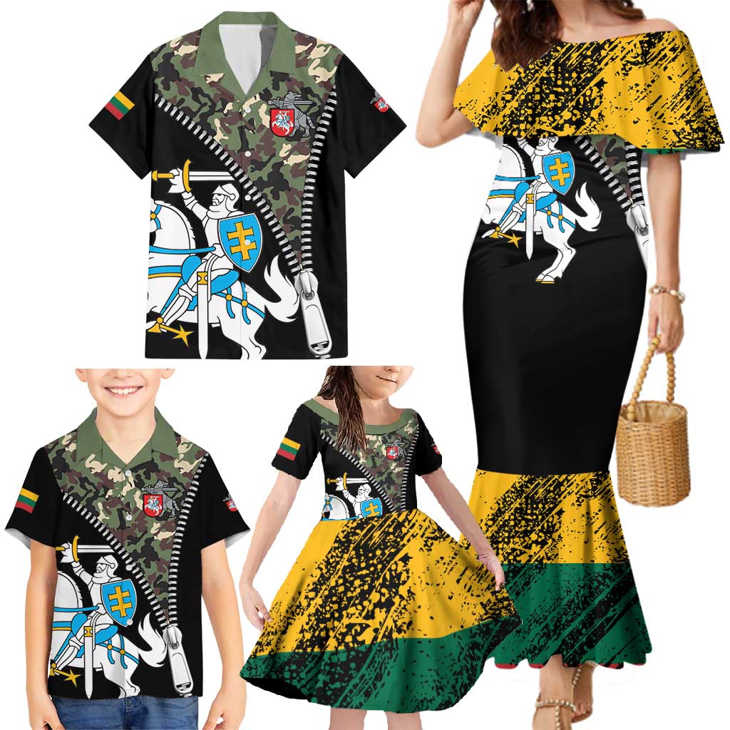 Lithuania's National Emblem Family Matching Mermaid Dress and Hawaiian Shirt with Military Motifs - Army-Inspired Design