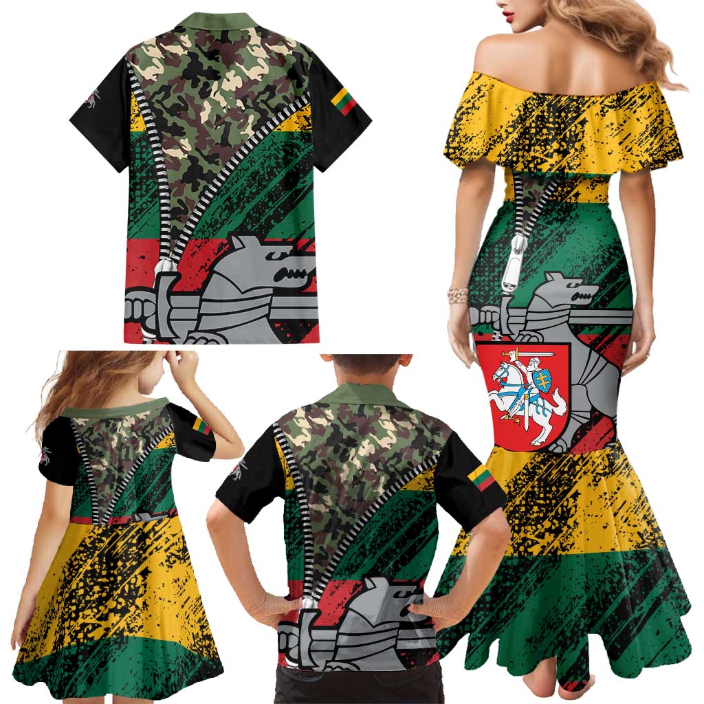 Lithuania's National Emblem Family Matching Mermaid Dress and Hawaiian Shirt with Military Motifs - Army-Inspired Design