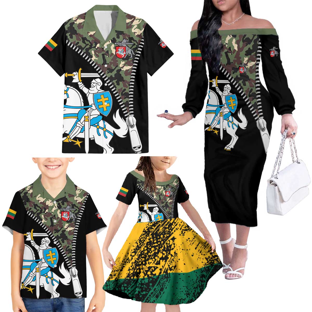 Lithuania's National Emblem Family Matching Off The Shoulder Long Sleeve Dress and Hawaiian Shirt with Military Motifs - Army-Inspired Design