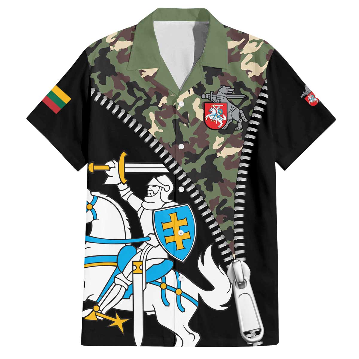 Lithuania's National Emblem Family Matching Off The Shoulder Long Sleeve Dress and Hawaiian Shirt with Military Motifs - Army-Inspired Design