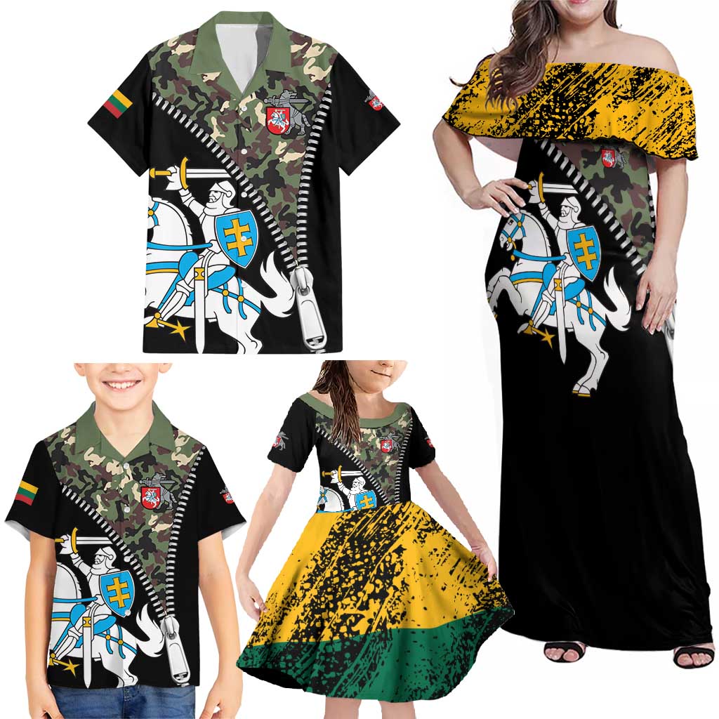 Lithuania's National Emblem Family Matching Off Shoulder Maxi Dress and Hawaiian Shirt with Military Motifs - Army-Inspired Design
