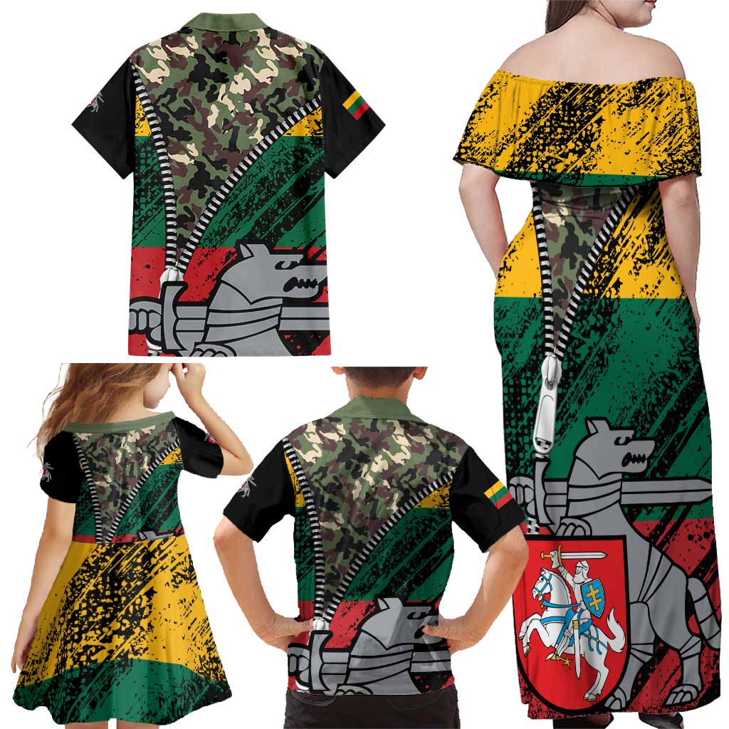 Lithuania's National Emblem Family Matching Off Shoulder Maxi Dress and Hawaiian Shirt with Military Motifs - Army-Inspired Design