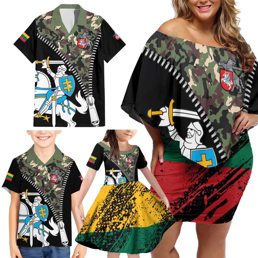 Lithuania's National Emblem Family Matching Off Shoulder Short Dress and Hawaiian Shirt with Military Motifs - Army-Inspired Design