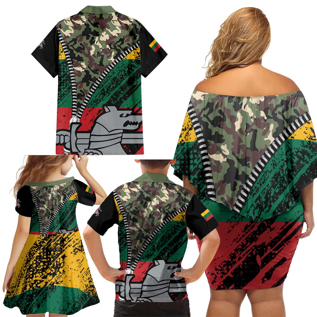 Lithuania's National Emblem Family Matching Off Shoulder Short Dress and Hawaiian Shirt with Military Motifs - Army-Inspired Design