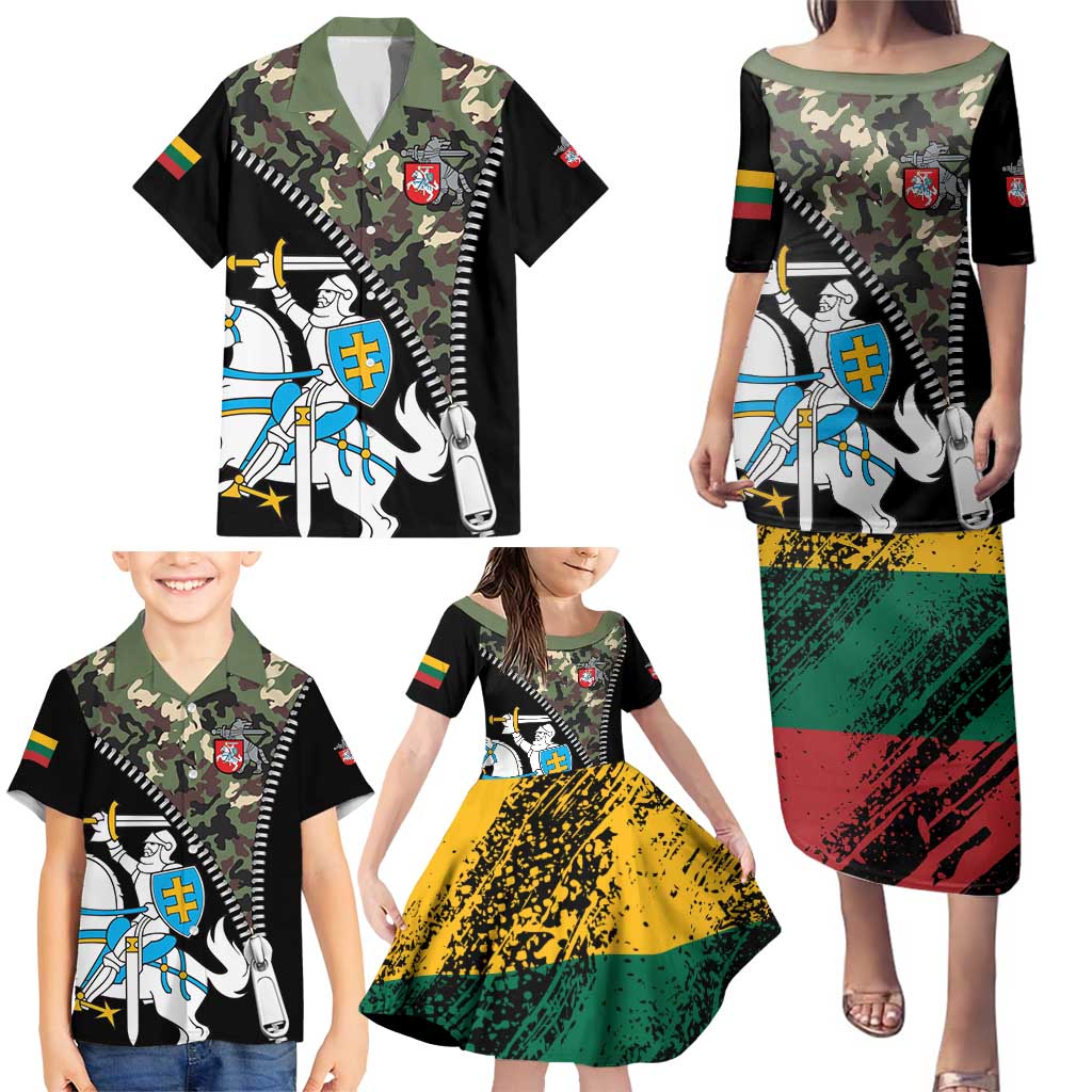 Lithuania's National Emblem Family Matching Puletasi and Hawaiian Shirt with Military Motifs - Army-Inspired Design