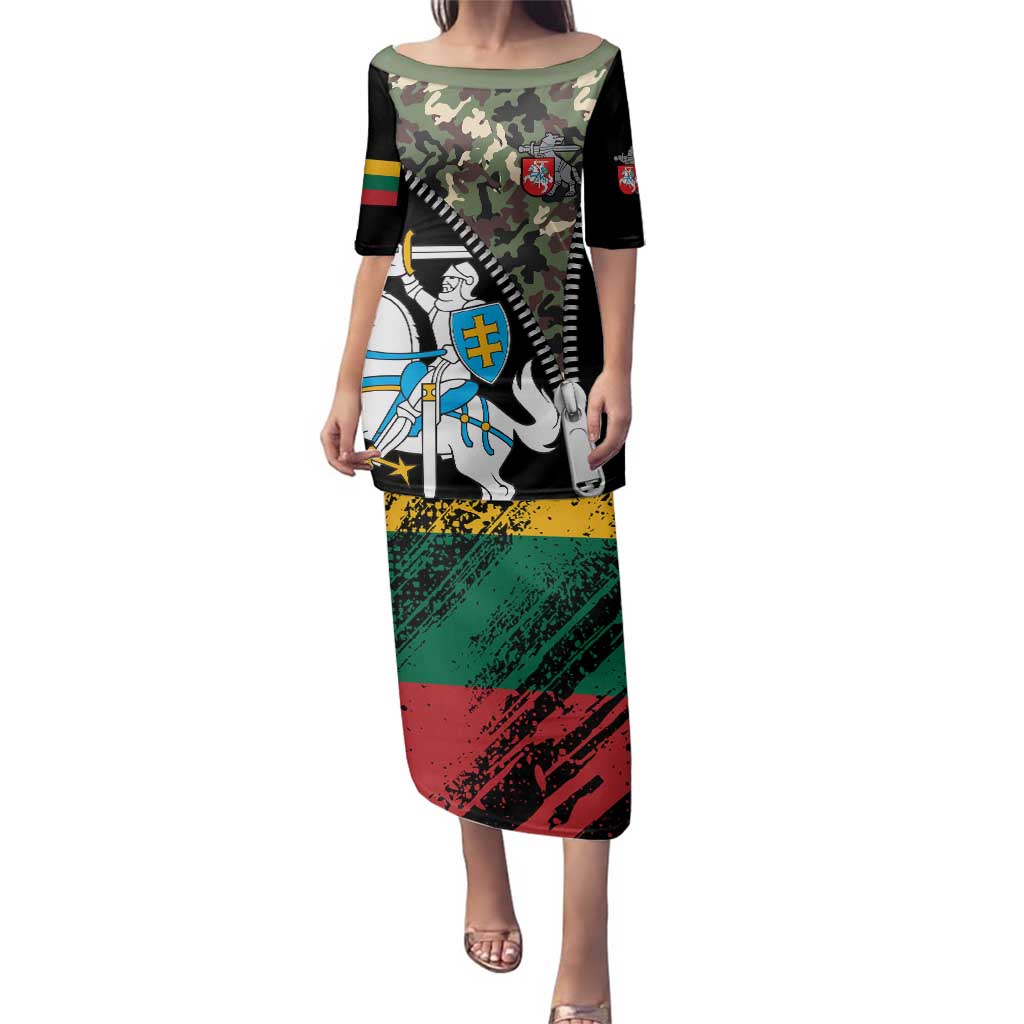 Lithuania's National Emblem Family Matching Puletasi and Hawaiian Shirt with Military Motifs - Army-Inspired Design