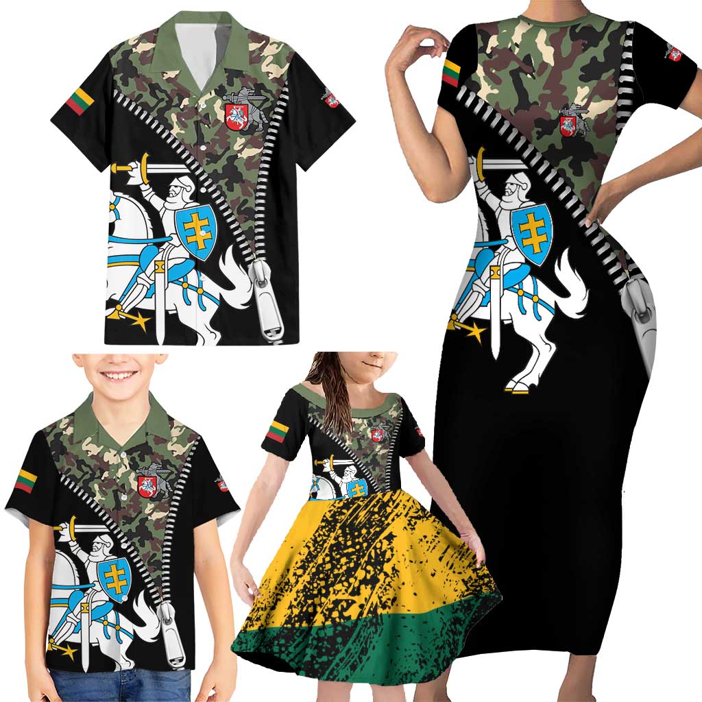 Lithuania's National Emblem Family Matching Short Sleeve Bodycon Dress and Hawaiian Shirt with Military Motifs - Army-Inspired Design