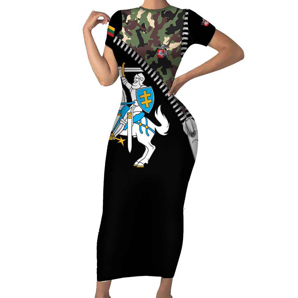 Lithuania's National Emblem Family Matching Short Sleeve Bodycon Dress and Hawaiian Shirt with Military Motifs - Army-Inspired Design