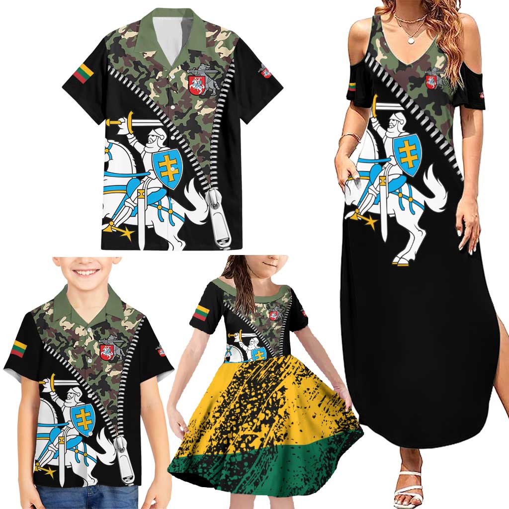 Lithuania's National Emblem Family Matching Summer Maxi Dress and Hawaiian Shirt with Military Motifs - Army-Inspired Design