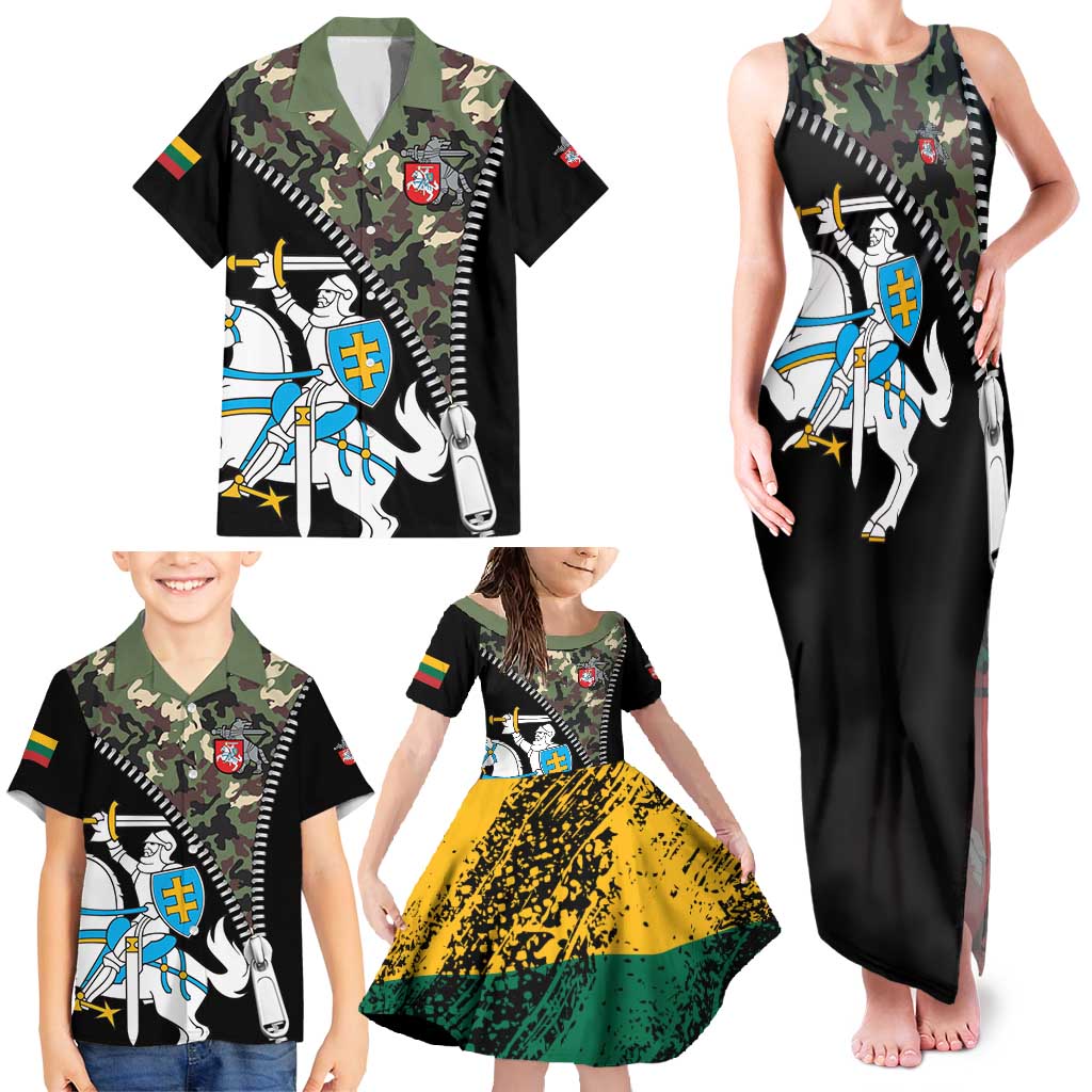Lithuania's National Emblem Family Matching Tank Maxi Dress and Hawaiian Shirt with Military Motifs - Army-Inspired Design