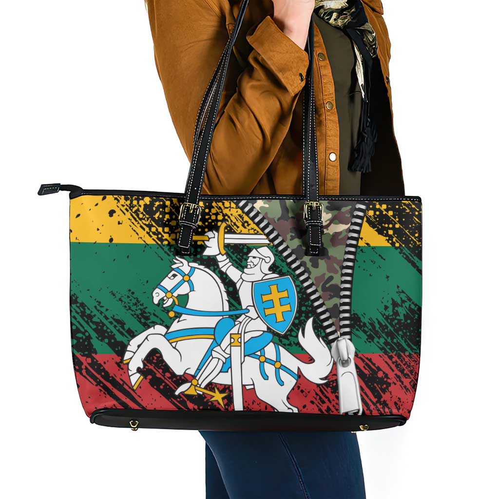 Lithuania's National Emblem Leather Tote Bag with Military Motifs - Army-Inspired Design