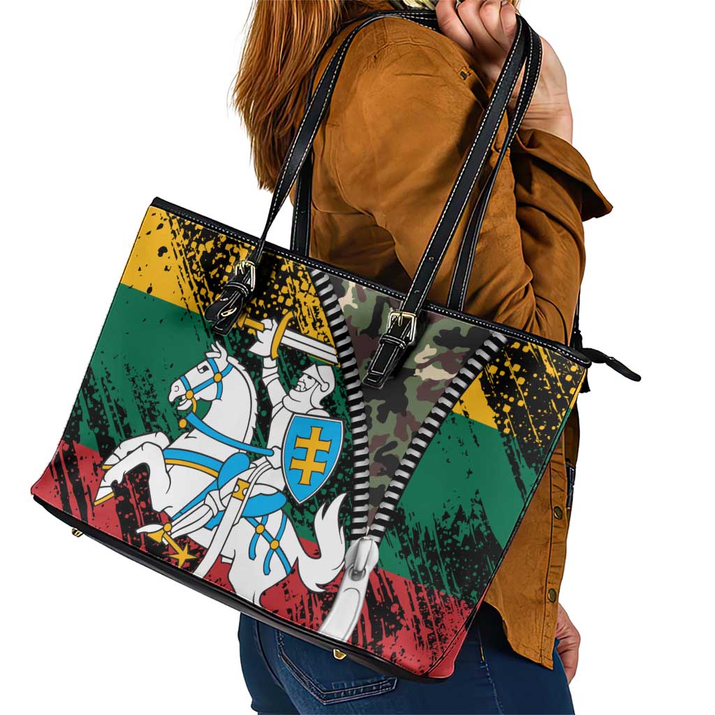 Lithuania's National Emblem Leather Tote Bag with Military Motifs - Army-Inspired Design