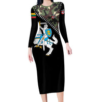 Lithuania's National Emblem Long Sleeve Bodycon Dress with Military Motifs - Army-Inspired Design