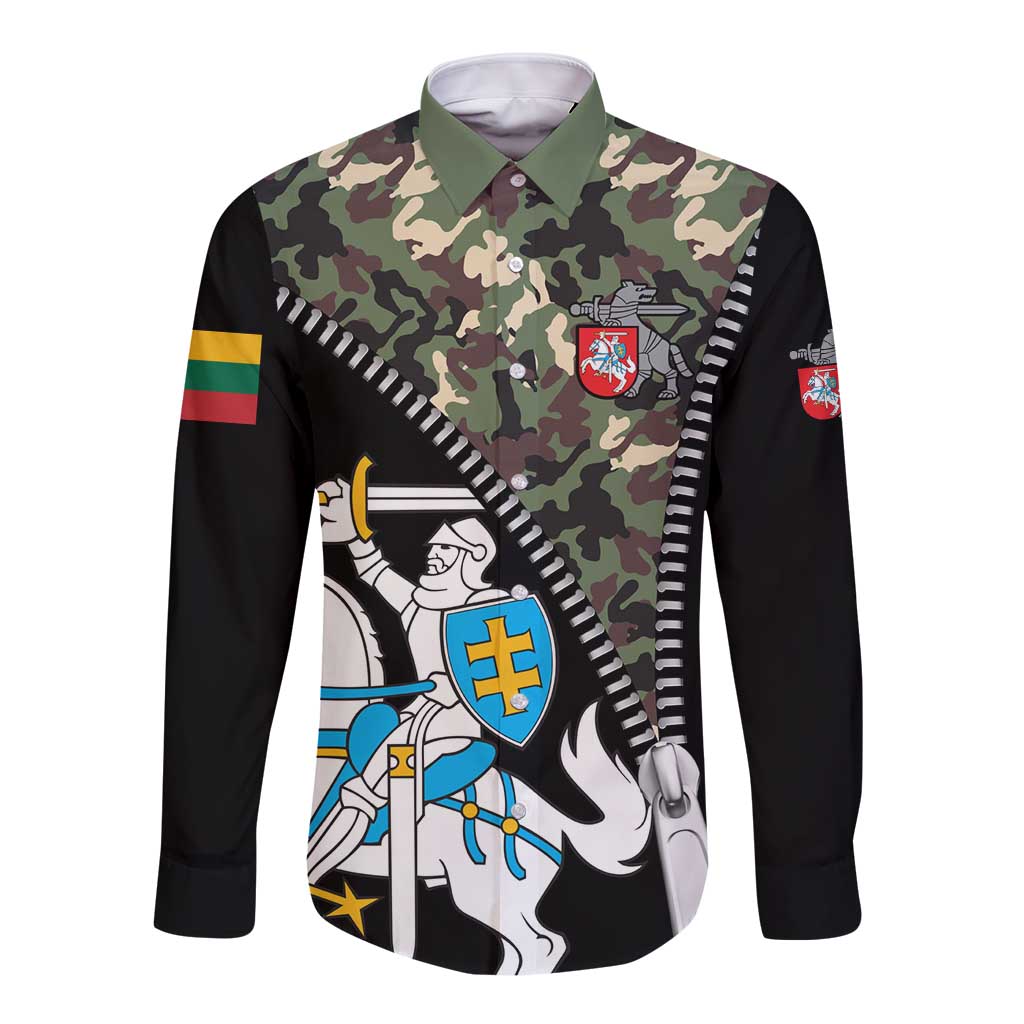Lithuania's National Emblem Long Sleeve Button Shirt with Military Motifs - Army-Inspired Design