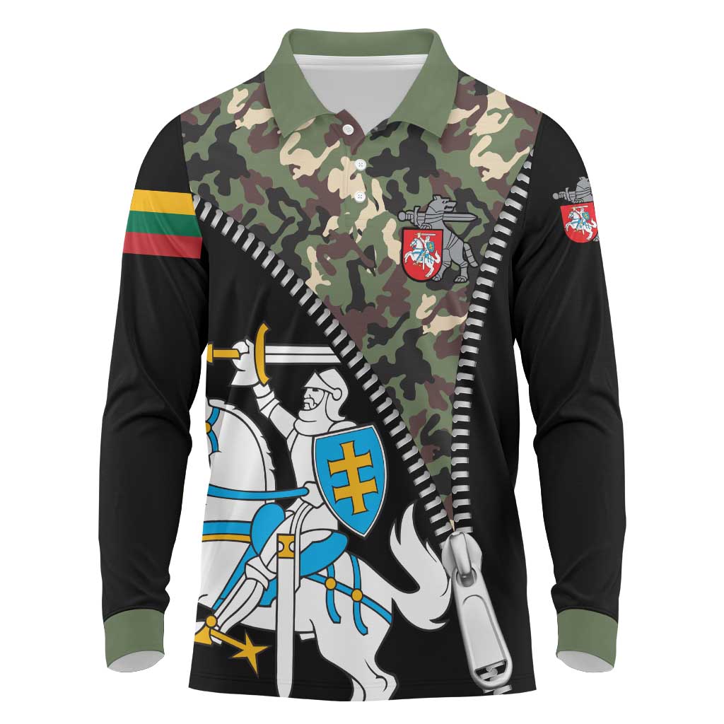 Lithuania's National Emblem Long Sleeve Polo Shirt with Military Motifs - Army-Inspired Design