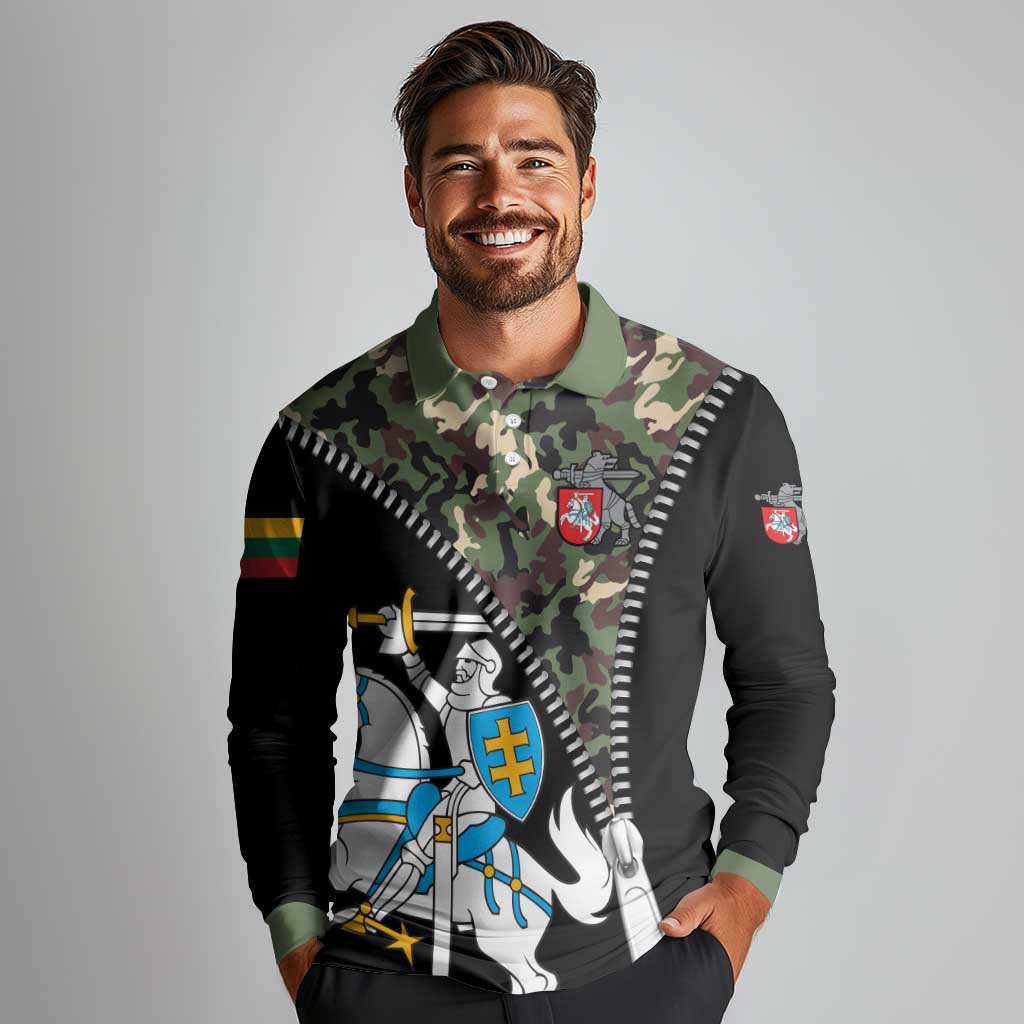 Lithuania's National Emblem Long Sleeve Polo Shirt with Military Motifs - Army-Inspired Design