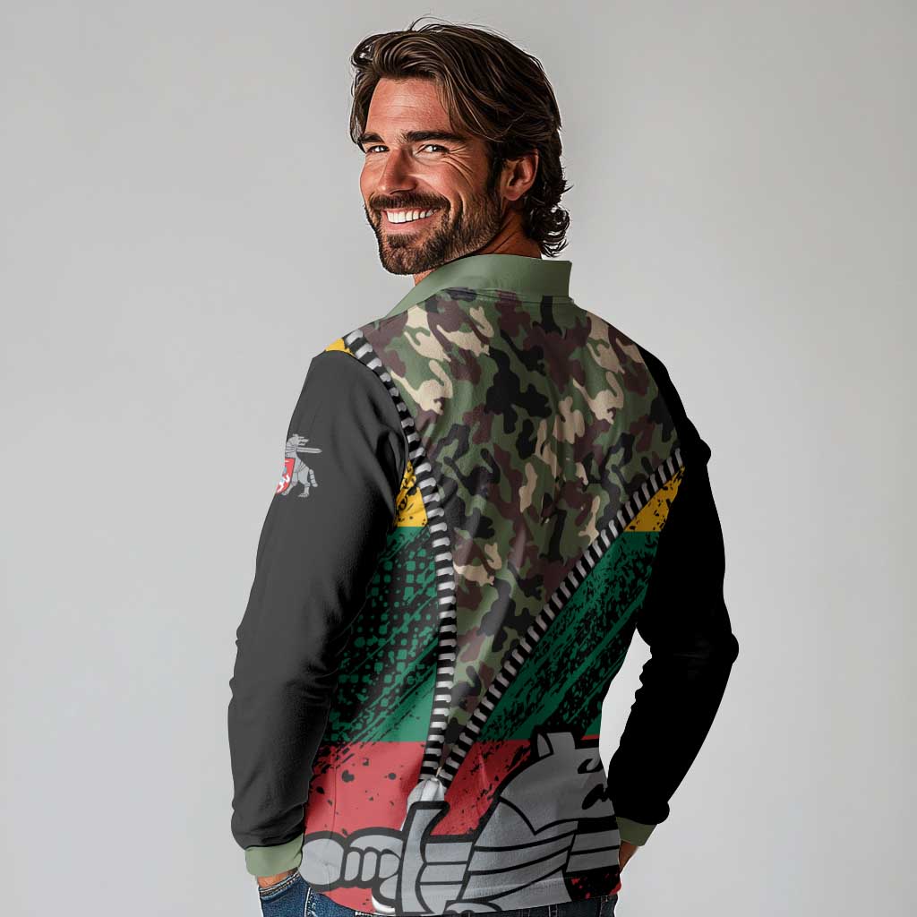 Lithuania's National Emblem Long Sleeve Polo Shirt with Military Motifs - Army-Inspired Design