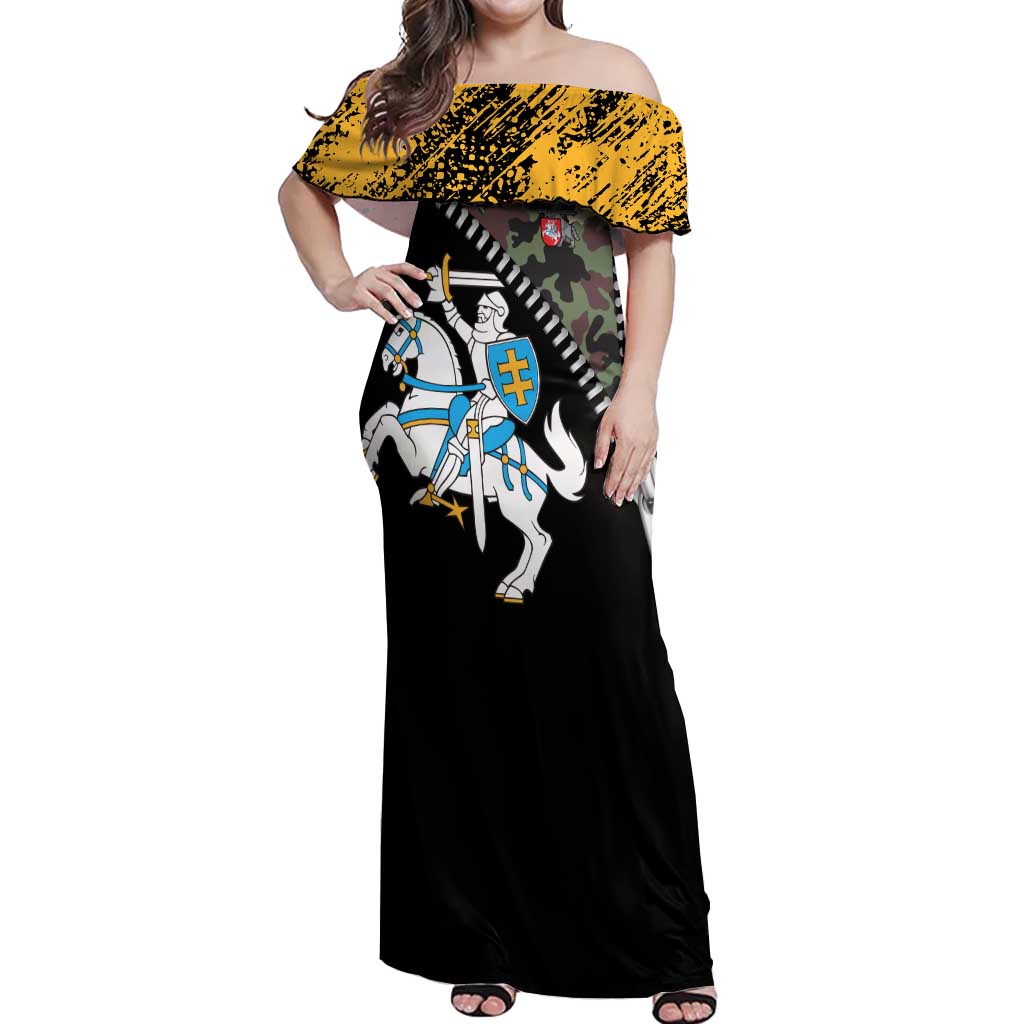 Lithuania's National Emblem Off Shoulder Maxi Dress with Military Motifs - Army-Inspired Design