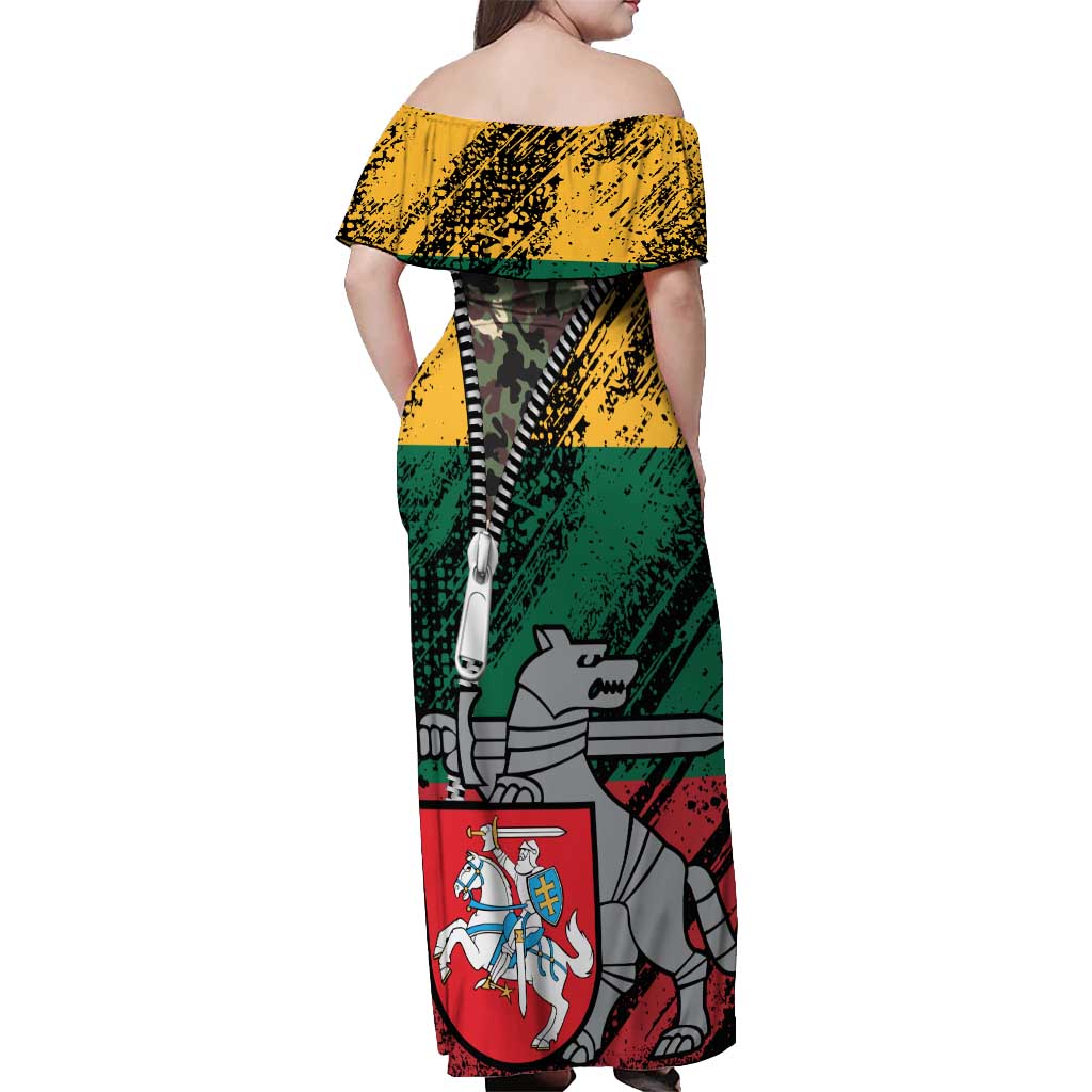 Lithuania's National Emblem Off Shoulder Maxi Dress with Military Motifs - Army-Inspired Design