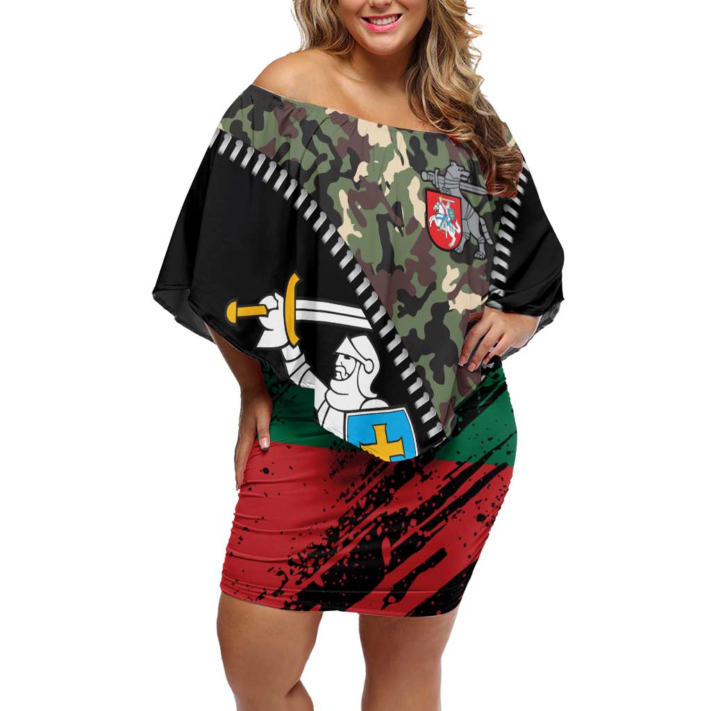 Lithuania's National Emblem Off Shoulder Short Dress with Military Motifs - Army-Inspired Design