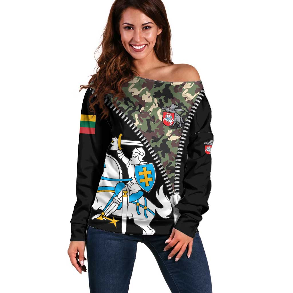 Lithuania's National Emblem Off Shoulder Sweater with Military Motifs - Army-Inspired Design