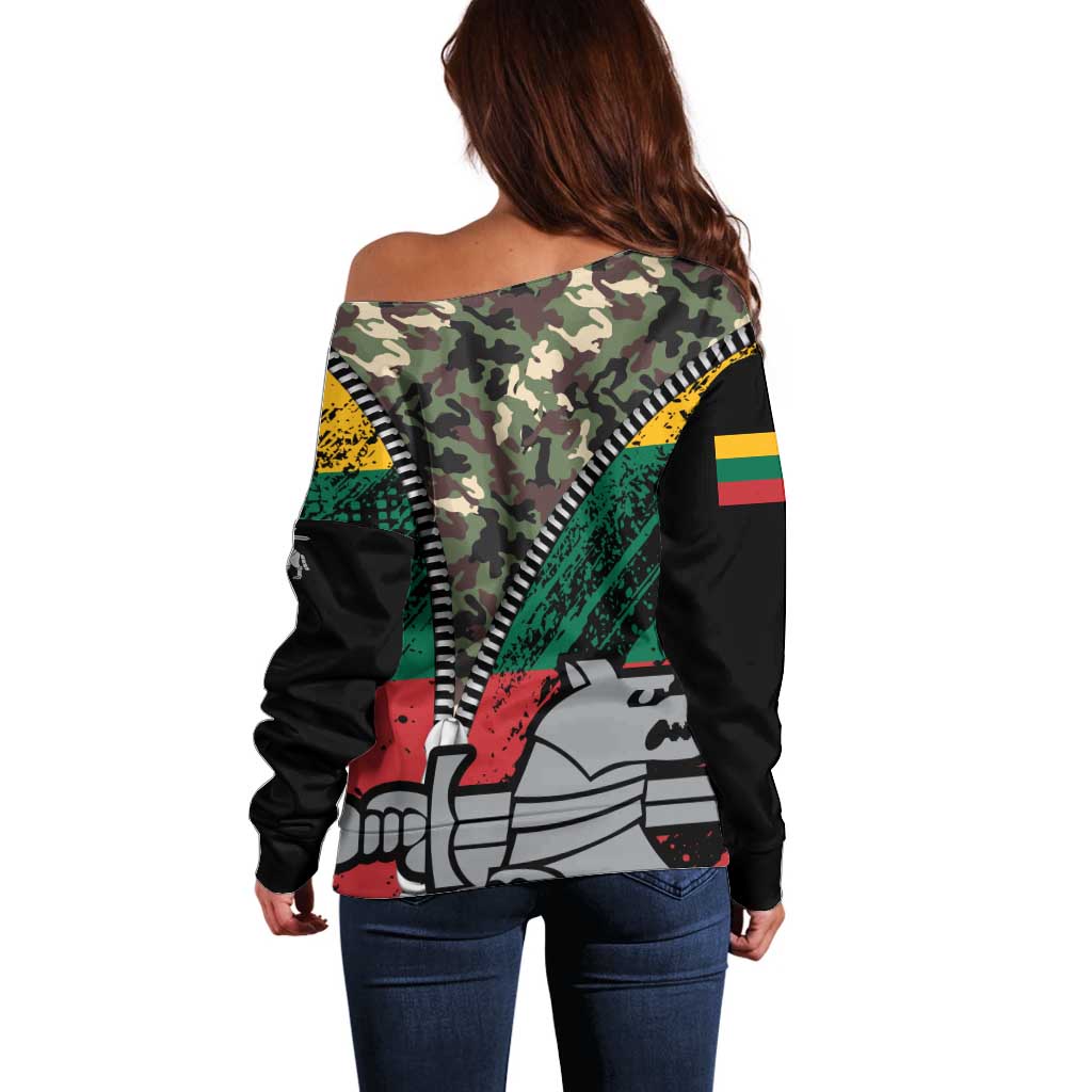Lithuania's National Emblem Off Shoulder Sweater with Military Motifs - Army-Inspired Design