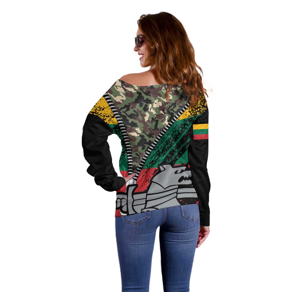 Lithuania's National Emblem Off Shoulder Sweater with Military Motifs - Army-Inspired Design