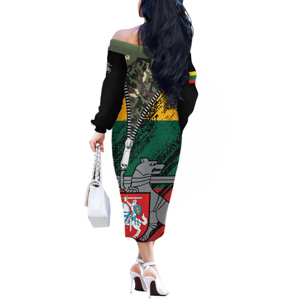 Lithuania's National Emblem Off The Shoulder Long Sleeve Dress with Military Motifs - Army-Inspired Design
