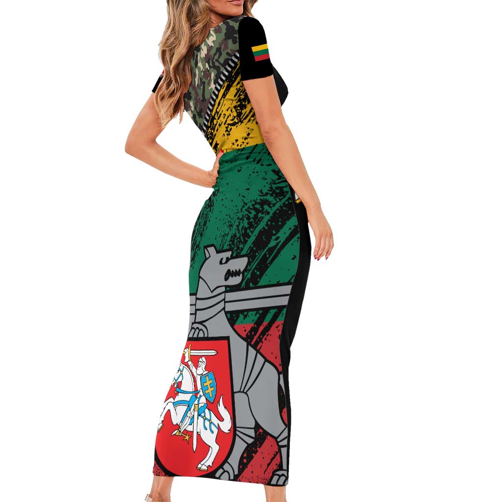Lithuania's National Emblem Short Sleeve Bodycon Dress with Military Motifs - Army-Inspired Design