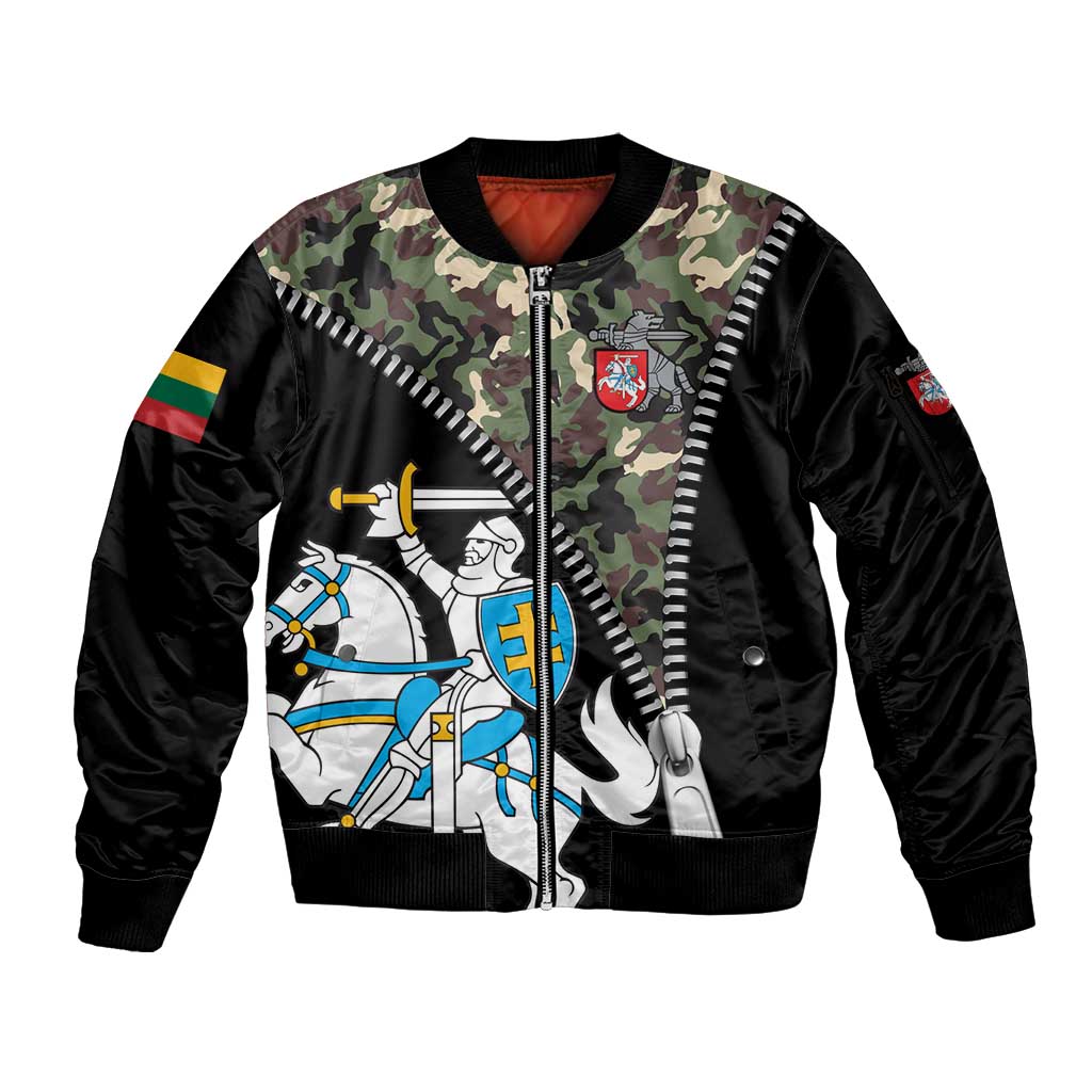 Lithuania's National Emblem Sleeve Zip Bomber Jacket with Military Motifs - Army-Inspired Design