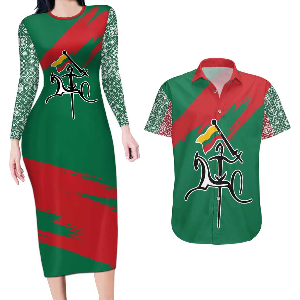 Lithuania Emblem Couples Matching Long Sleeve Bodycon Dress and Hawaiian Shirt National Symbol with Traditional Patterns