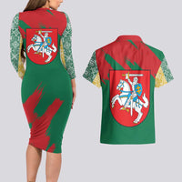 Lithuania Emblem Couples Matching Long Sleeve Bodycon Dress and Hawaiian Shirt National Symbol with Traditional Patterns