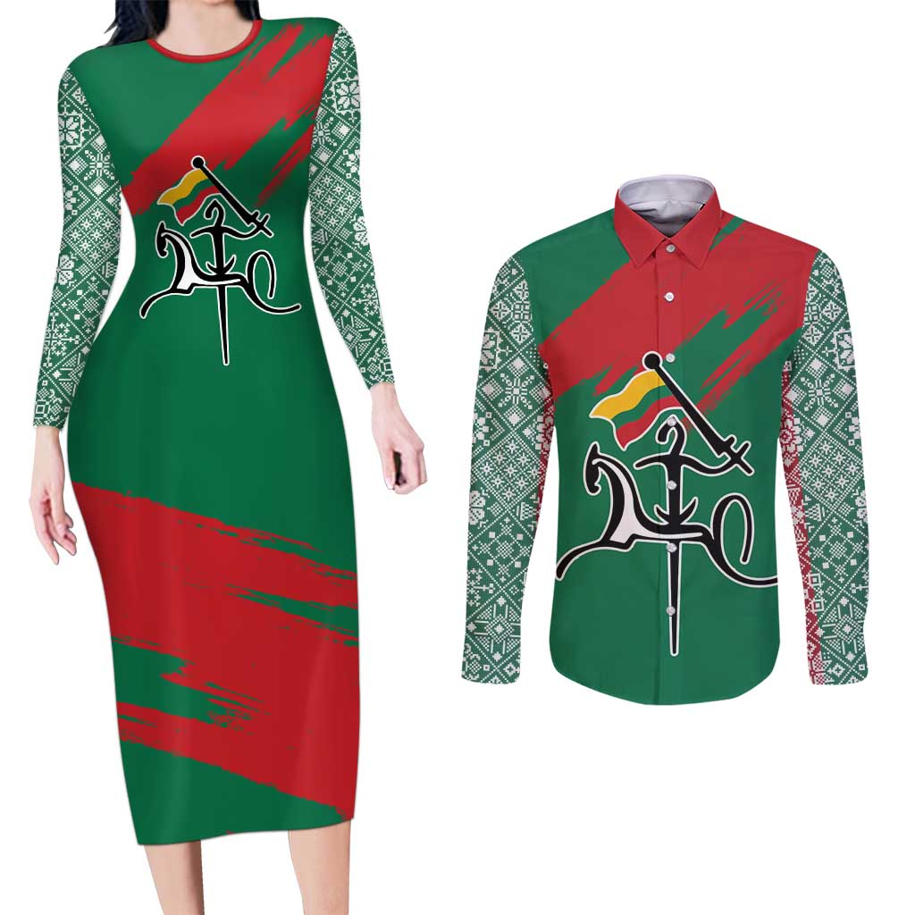 Lithuania Emblem Couples Matching Long Sleeve Bodycon Dress and Long Sleeve Button Shirt National Symbol with Traditional Patterns