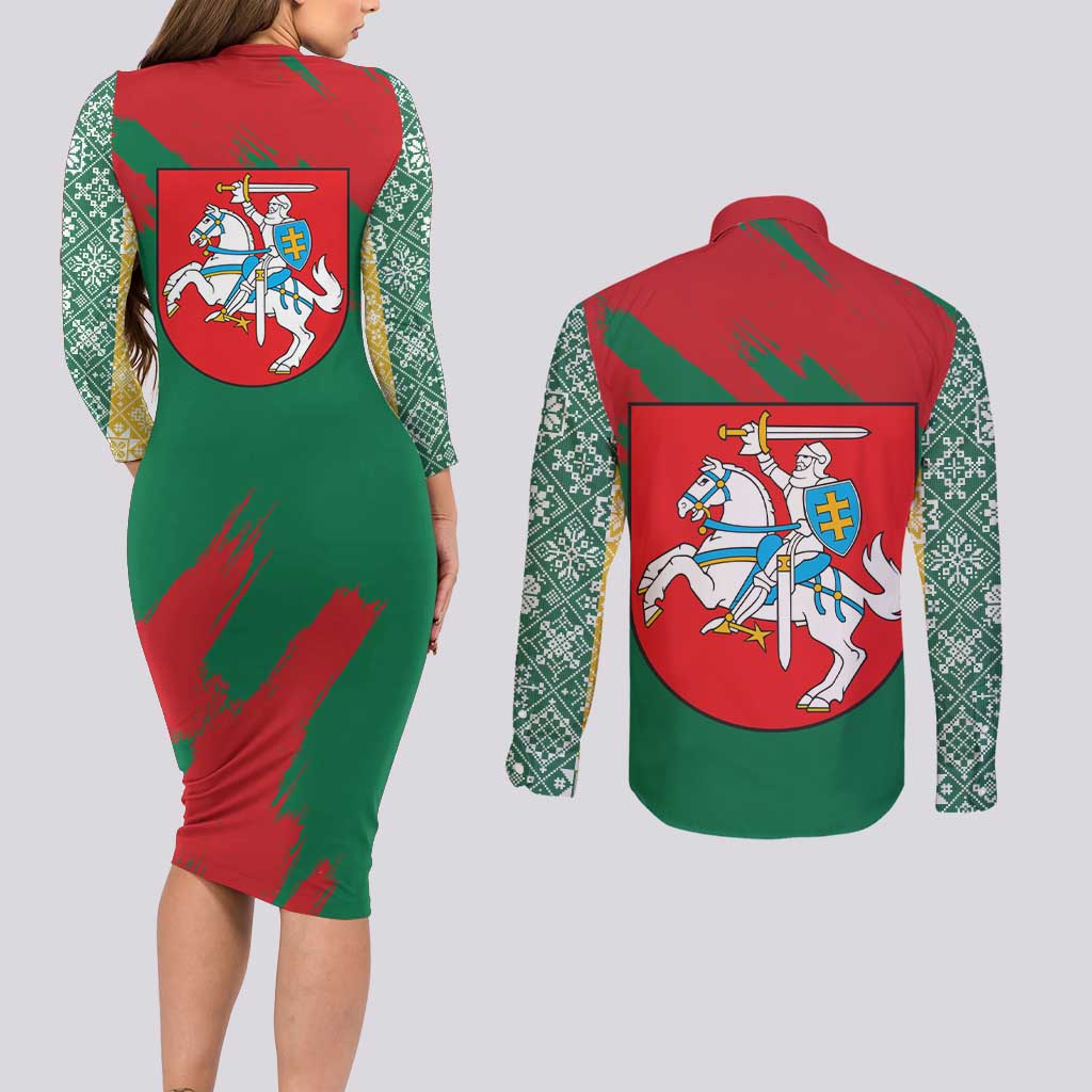 Lithuania Emblem Couples Matching Long Sleeve Bodycon Dress and Long Sleeve Button Shirt National Symbol with Traditional Patterns