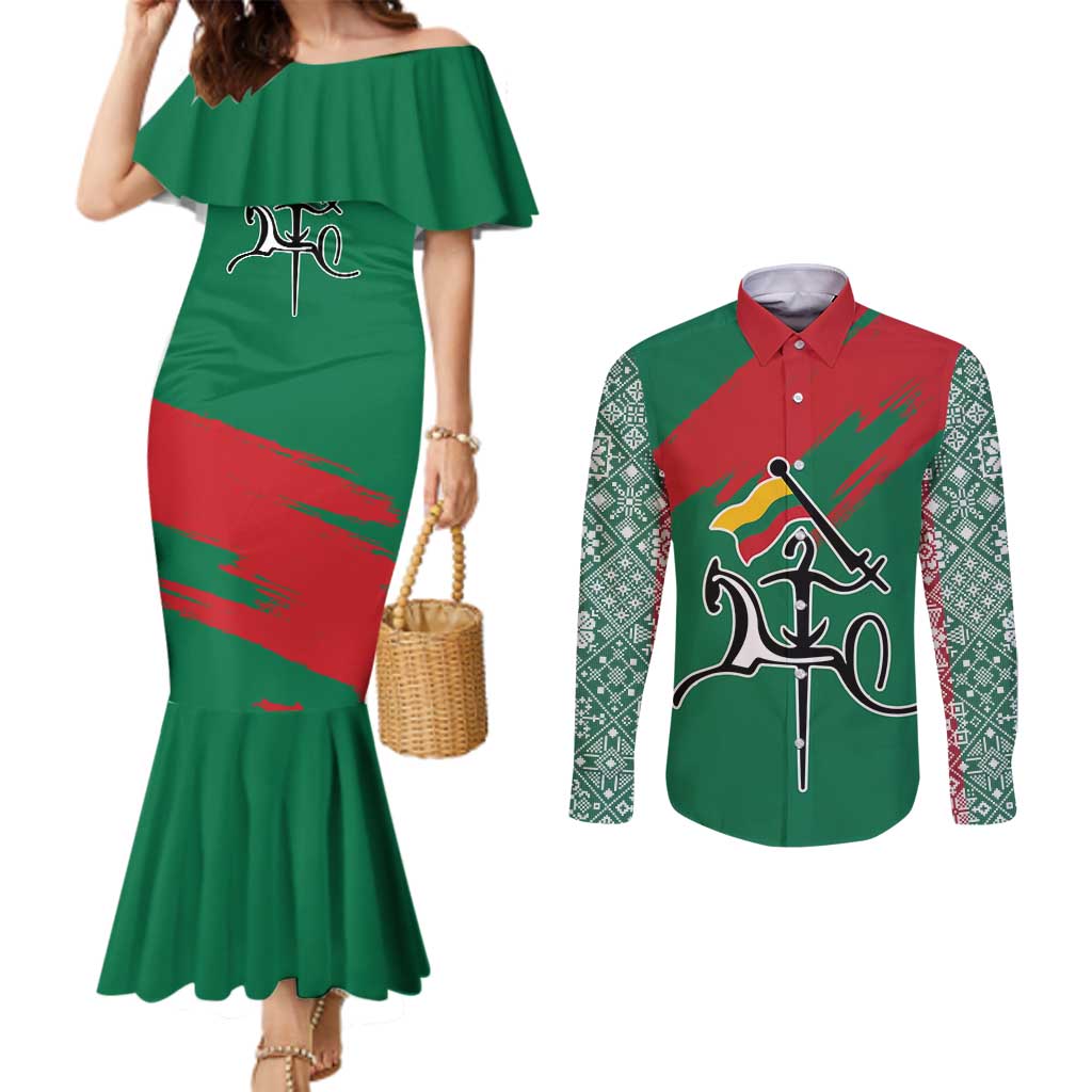 Lithuania Emblem Couples Matching Mermaid Dress and Long Sleeve Button Shirt National Symbol with Traditional Patterns