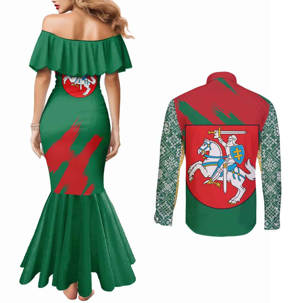 Lithuania Emblem Couples Matching Mermaid Dress and Long Sleeve Button Shirt National Symbol with Traditional Patterns