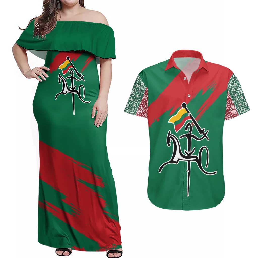Lithuania Emblem Couples Matching Off Shoulder Maxi Dress and Hawaiian Shirt National Symbol with Traditional Patterns