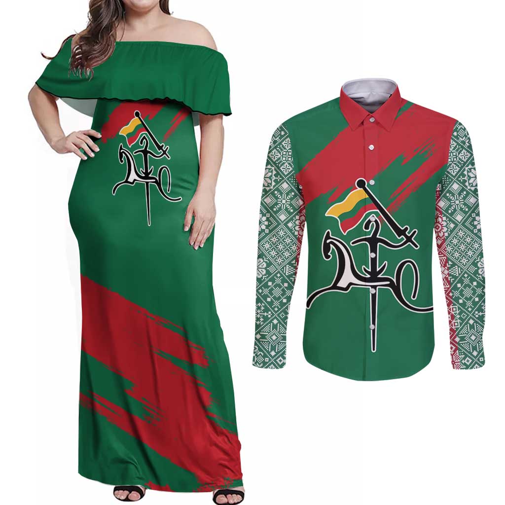 Lithuania Emblem Couples Matching Off Shoulder Maxi Dress and Long Sleeve Button Shirt National Symbol with Traditional Patterns