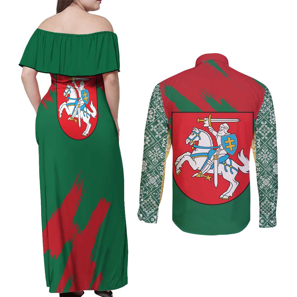 Lithuania Emblem Couples Matching Off Shoulder Maxi Dress and Long Sleeve Button Shirt National Symbol with Traditional Patterns