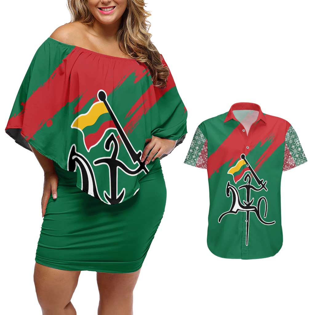 Lithuania Emblem Couples Matching Off Shoulder Short Dress and Hawaiian Shirt National Symbol with Traditional Patterns