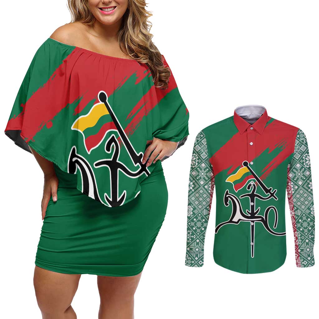 Lithuania Emblem Couples Matching Off Shoulder Short Dress and Long Sleeve Button Shirt National Symbol with Traditional Patterns