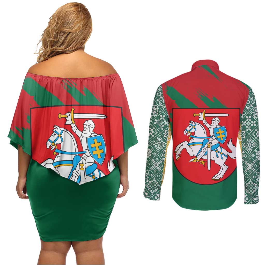Lithuania Emblem Couples Matching Off Shoulder Short Dress and Long Sleeve Button Shirt National Symbol with Traditional Patterns