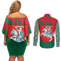 Lithuania Emblem Couples Matching Off Shoulder Short Dress and Long Sleeve Button Shirt National Symbol with Traditional Patterns