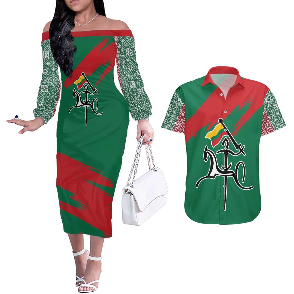 Lithuania Emblem Couples Matching Off The Shoulder Long Sleeve Dress and Hawaiian Shirt National Symbol with Traditional Patterns