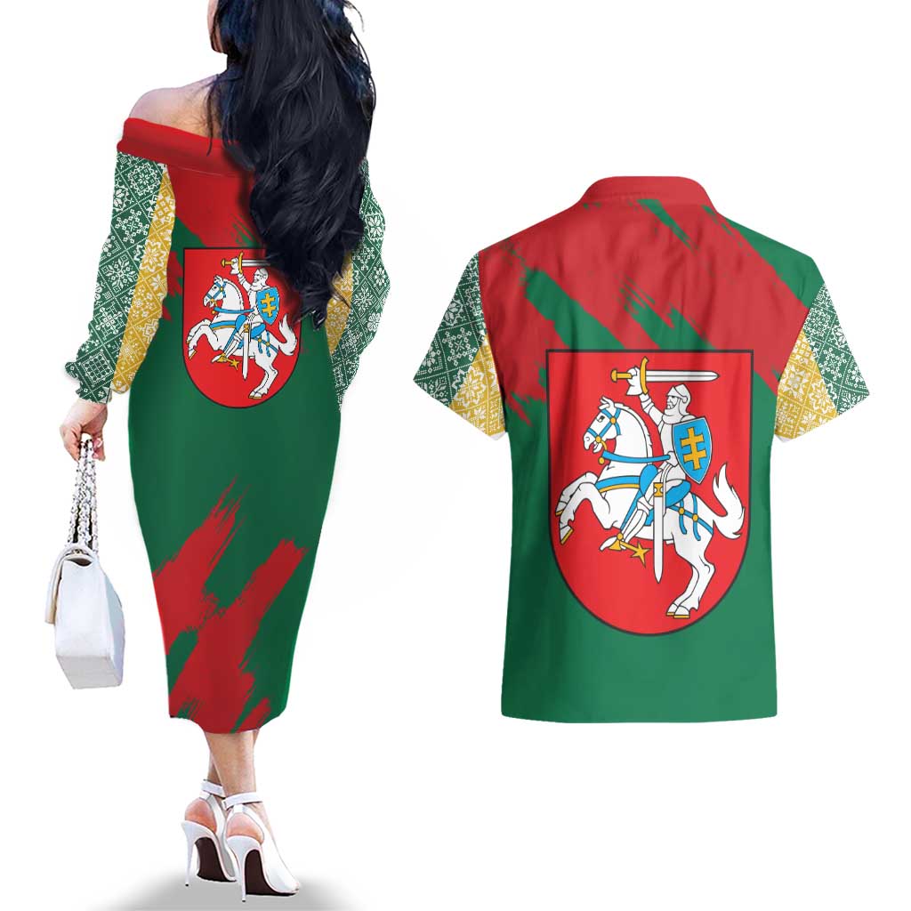Lithuania Emblem Couples Matching Off The Shoulder Long Sleeve Dress and Hawaiian Shirt National Symbol with Traditional Patterns