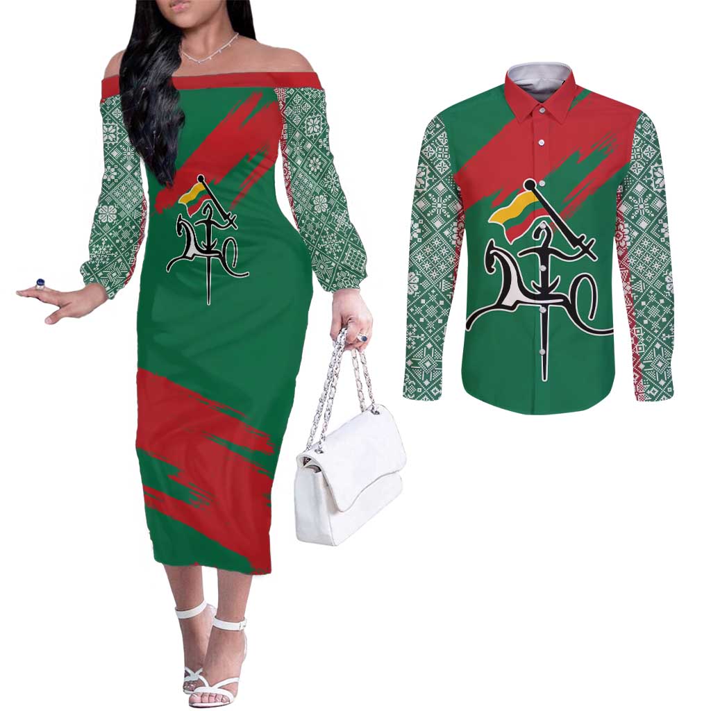 Lithuania Emblem Couples Matching Off The Shoulder Long Sleeve Dress and Long Sleeve Button Shirt National Symbol with Traditional Patterns