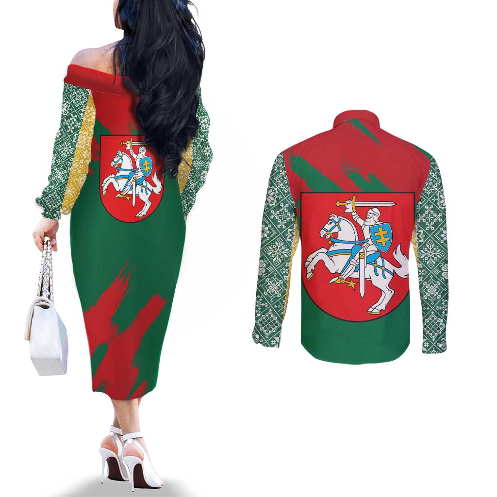 Lithuania Emblem Couples Matching Off The Shoulder Long Sleeve Dress and Long Sleeve Button Shirt National Symbol with Traditional Patterns