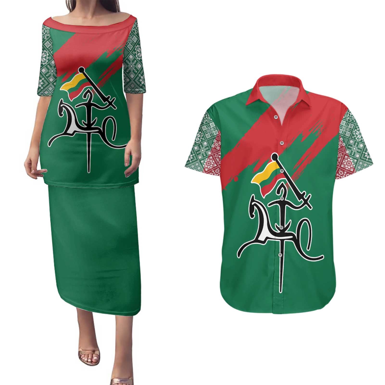 Lithuania Emblem Couples Matching Puletasi and Hawaiian Shirt National Symbol with Traditional Patterns