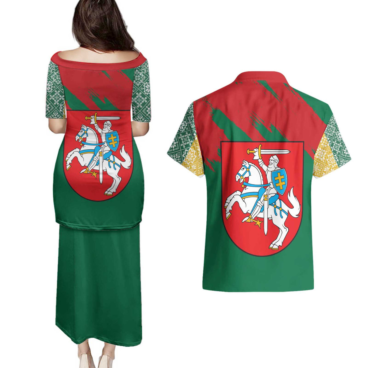 Lithuania Emblem Couples Matching Puletasi and Hawaiian Shirt National Symbol with Traditional Patterns
