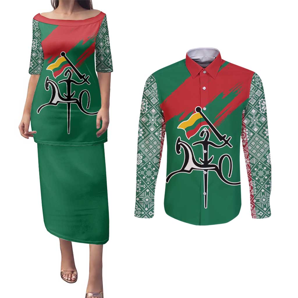 Lithuania Emblem Couples Matching Puletasi and Long Sleeve Button Shirt National Symbol with Traditional Patterns
